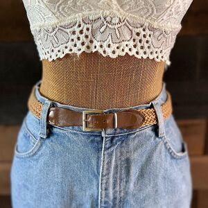 Vintage Brown Leather Buckle Braided Woven Rope Western Boho Belt